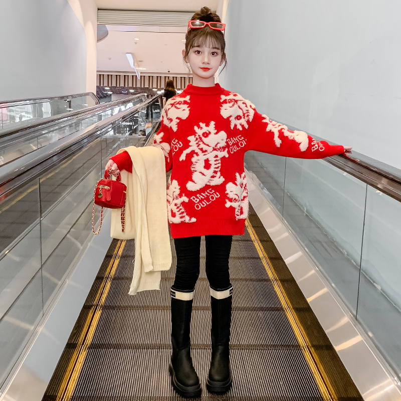 2023新款女童毛衣中长款秋冬本命年打底衫小女孩洋气红色龙年毛衣