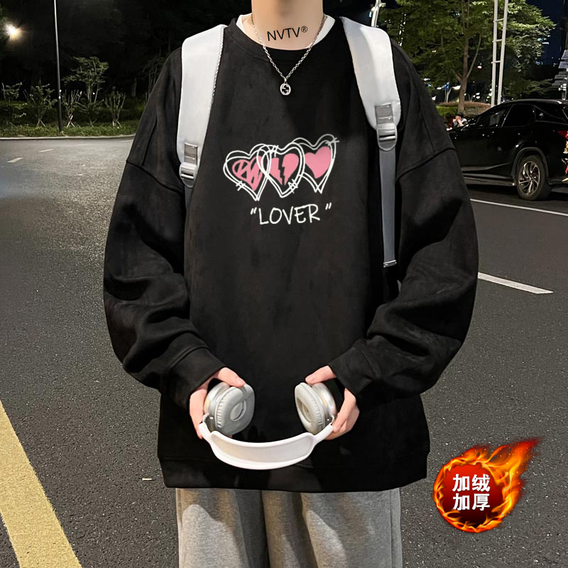美式复古无帽卫衣男宽松长袖t恤高街潮流鹿皮绒加厚男生秋季上衣