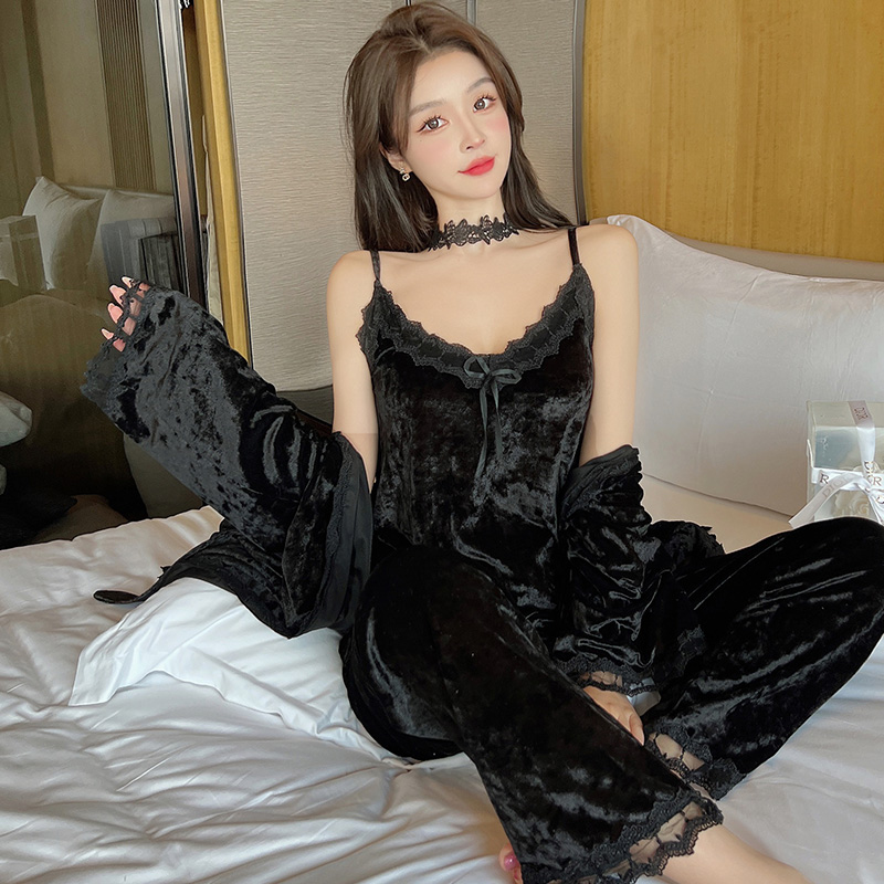 秋冬金丝绒睡衣女三件套睡裙韩国绒睡袍长裤四件套蕾丝边家居服