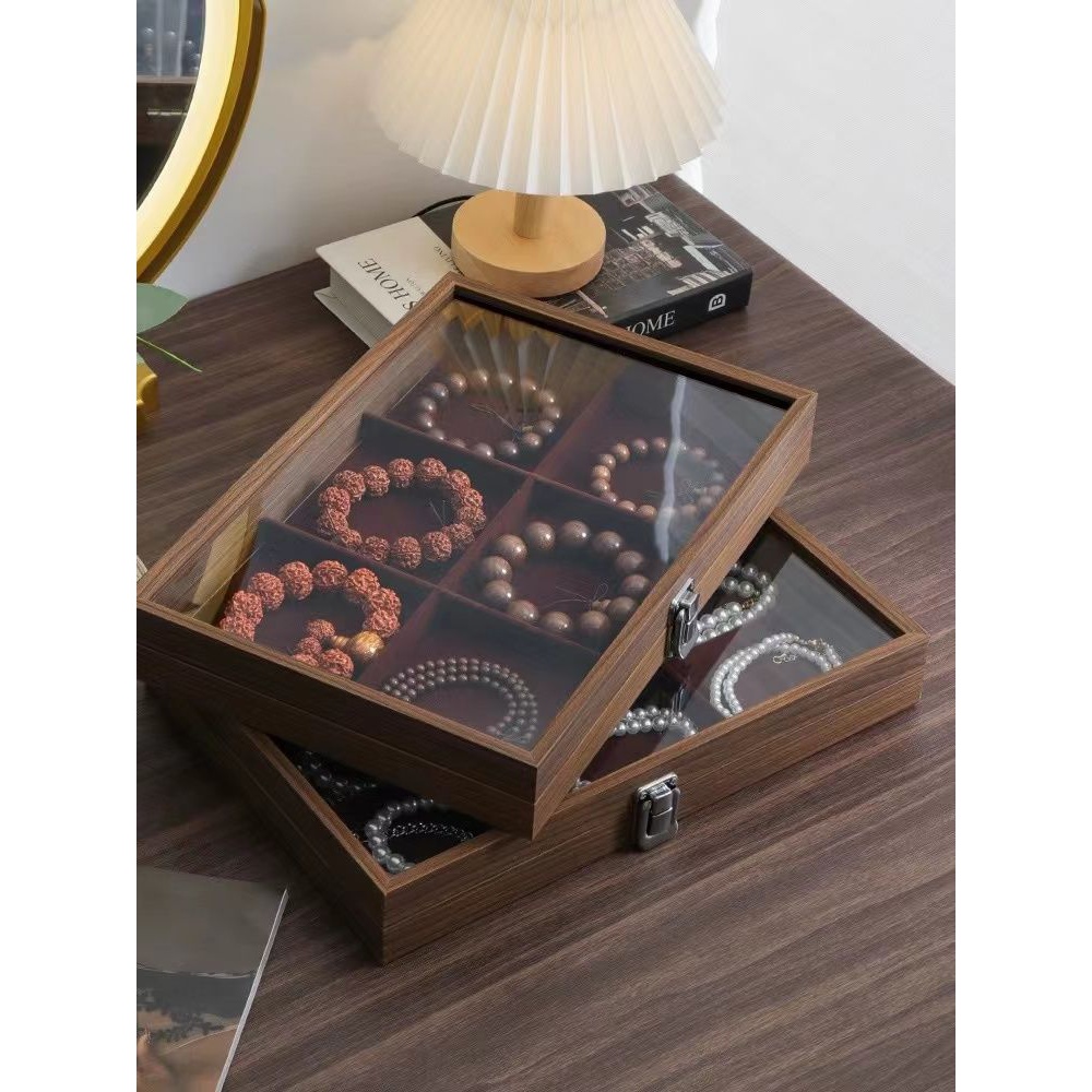 新品带盖防尘盒复古收纳盒放手串大容量盒子透明复古木头收纳盒