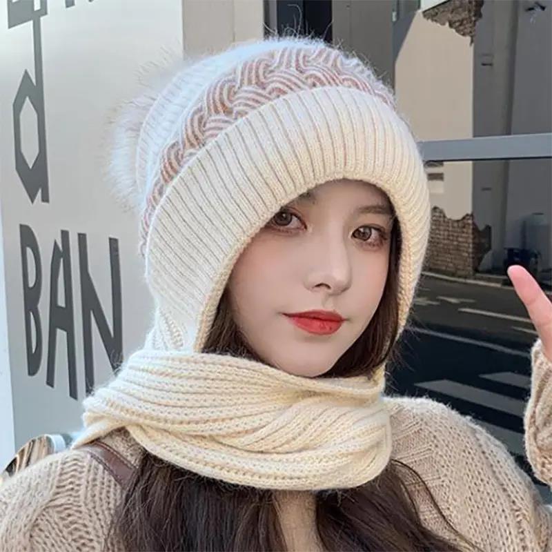 连体帽子围巾女冬季护耳保暖针织毛线帽甜美一体骑车帽户外滑雪帽