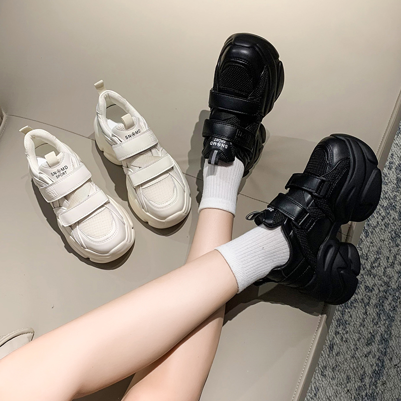 黑色老爹鞋增高厚底鞋子新款2023爆款女夏款百搭魔术贴网面运动鞋