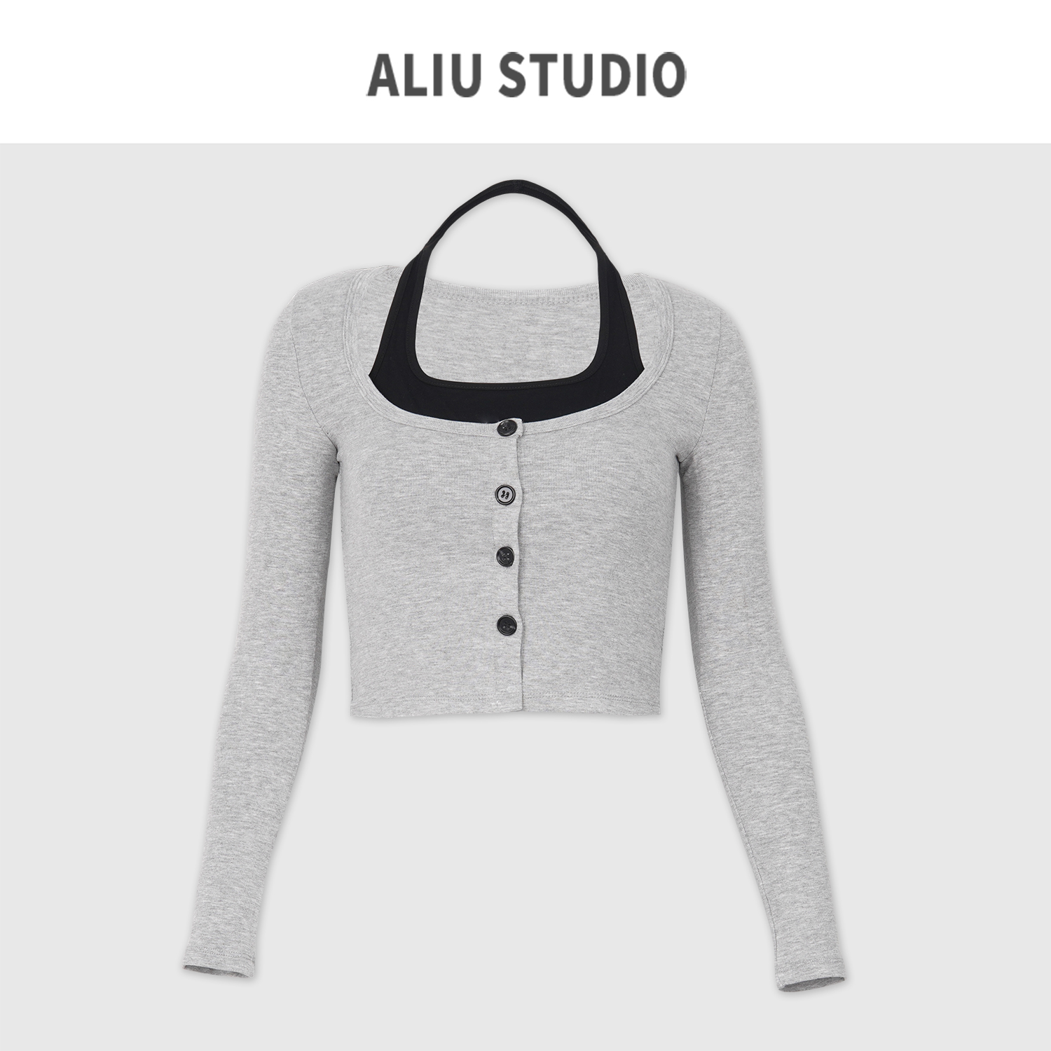 ALIU STUDIO 欧美ins短款性感高腰露脐假2件T恤长袖百搭修身打底