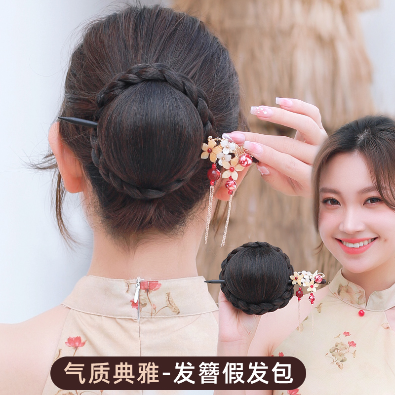 旗袍发包古风假发包步摇发簪一体后脑勺秀和头饰中式丸子头假发圈