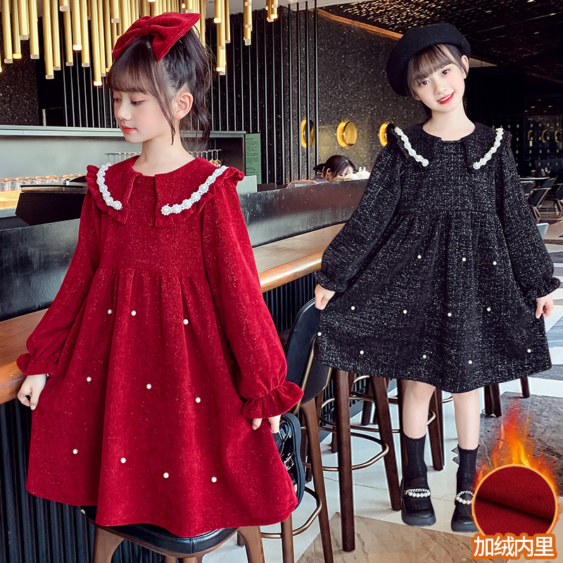 女童秋冬加绒连衣裙洋气时髦大童新年红色公主裙子女孩拜年服冬装
