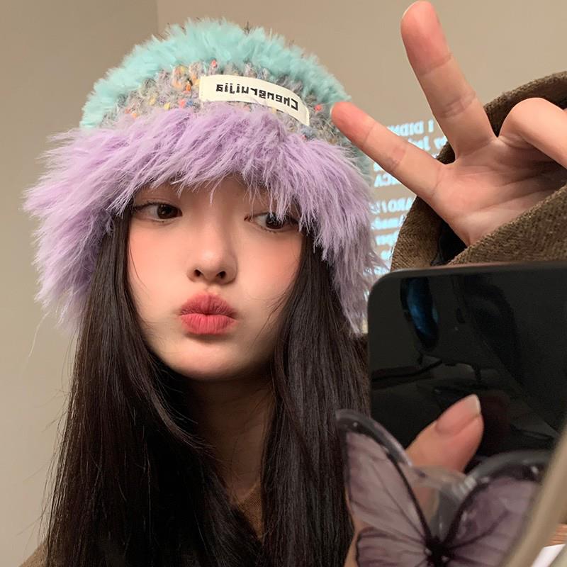 毛绒针织帽子女秋冬季2023新款毛线帽保暖护耳条纹韩版百搭显脸小