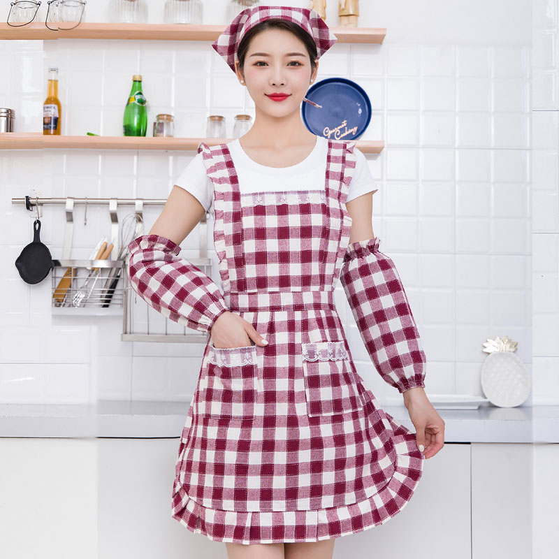 棉布防水围裙套装餐厅饭店工作防油家用厨房做饭韩版时尚罩衣可爱