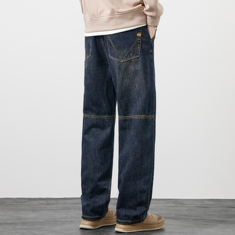秋季新款美式复古做旧宽松水洗牛仔裤男士拼接潮牌休闲百搭阔腿裤