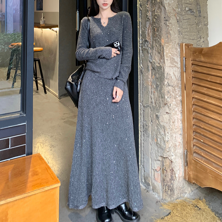 法式设计感长袖针织衫高腰半身裙女秋冬时尚两件套V领亮片百搭