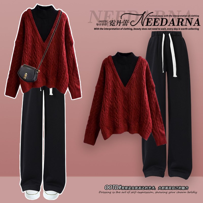 秋冬季穿搭一整套2023新款大码女装假两件针织毛衣女休闲裤两件套