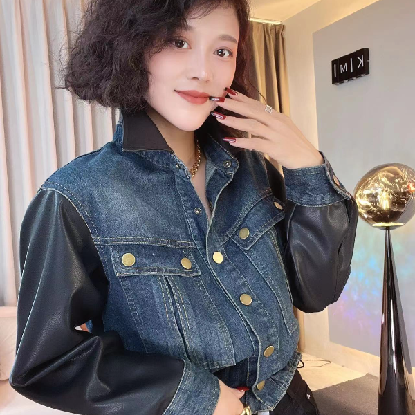 【kimi设计】时尚皮拼牛仔衬衫短款外套牛仔上衣女小个子穿搭407#