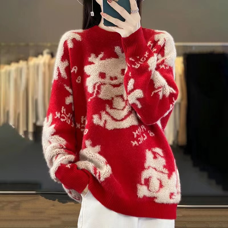 6347 秋冬新款时尚气质印花女装圆领百搭长袖针织衫