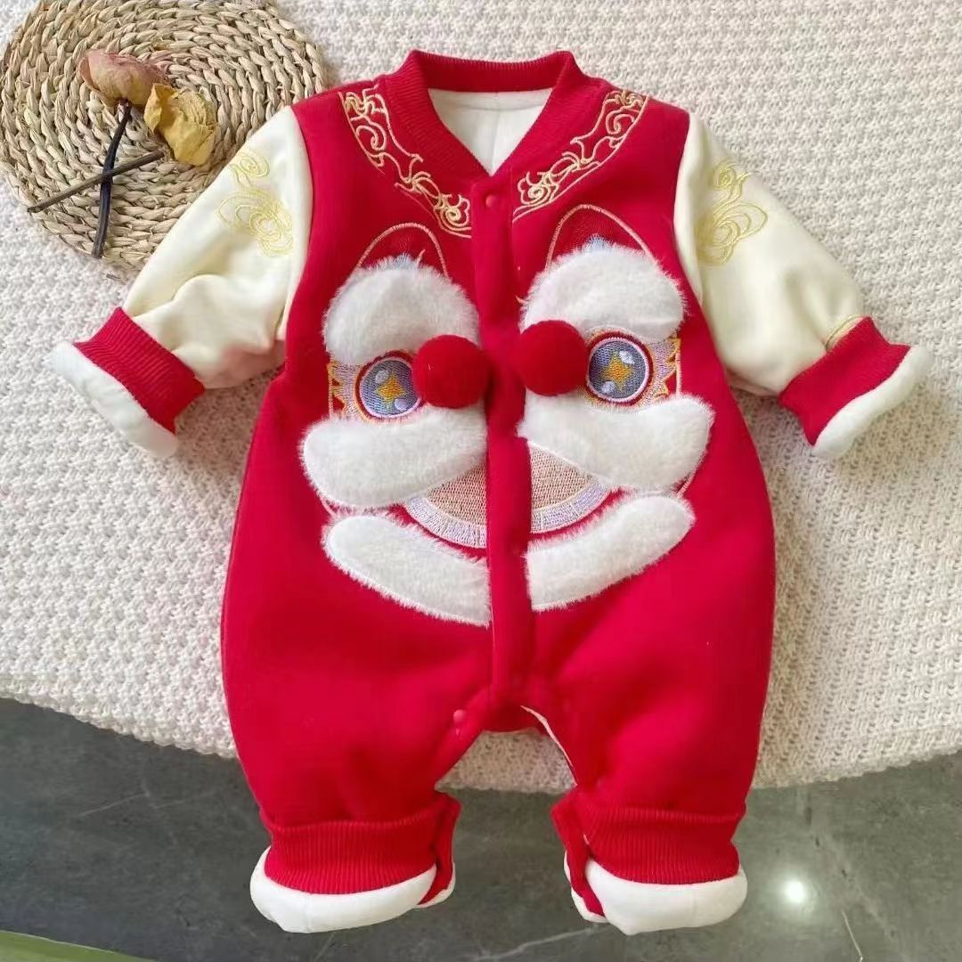 新年装中国风婴儿连体衣红色抓周喜庆醒狮加绒连体冬装男女宝宝