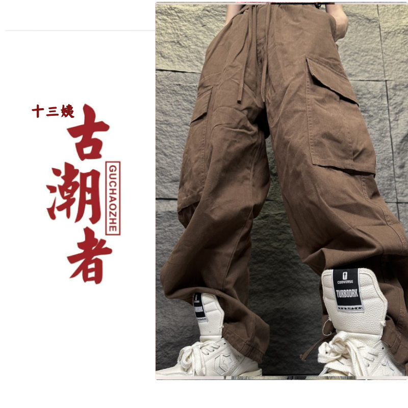 K3-日系复古潮牌大口袋阔腿工装裤休闲多口袋街头潮流纯色宽松ins