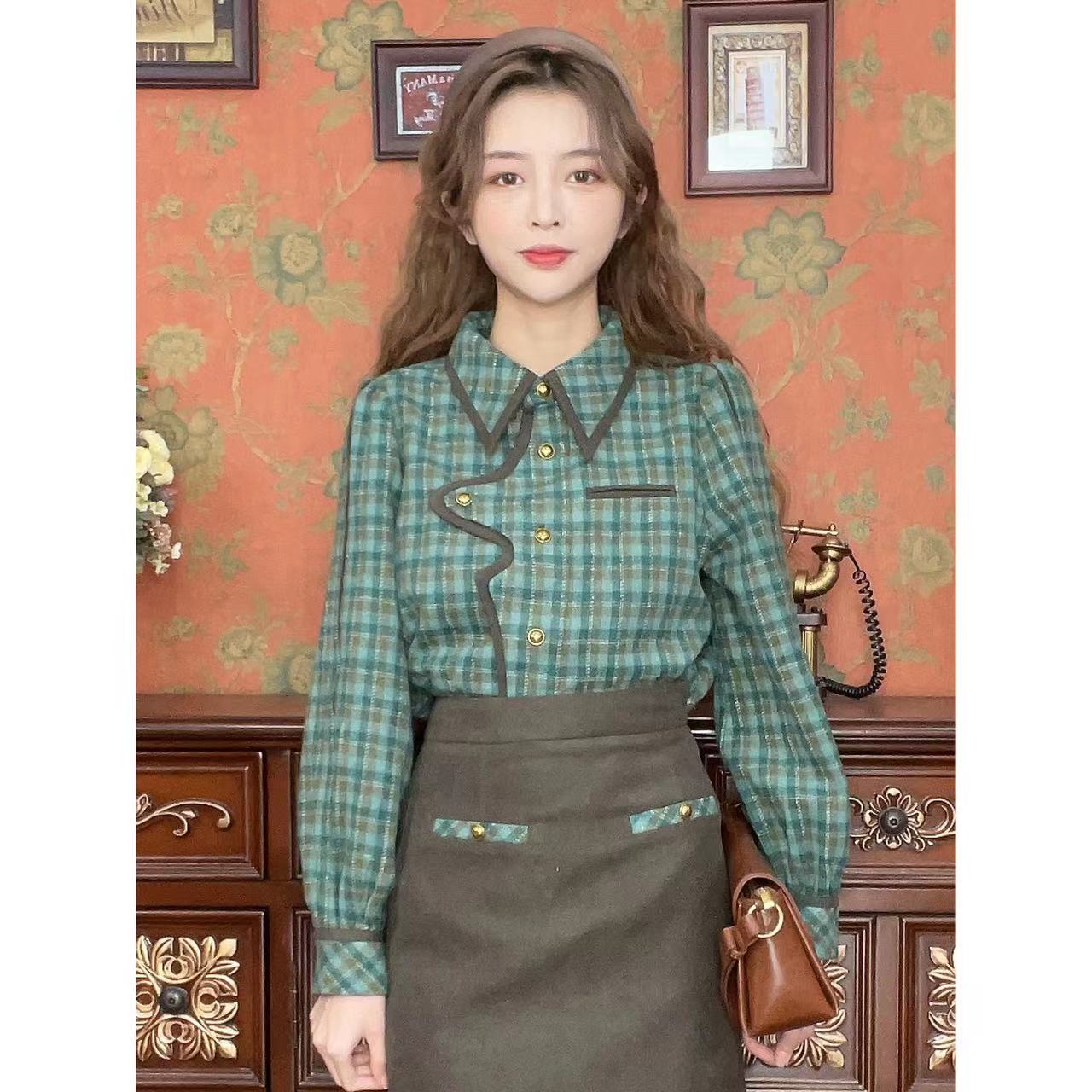 七喜【冬日恋歌】港味复古长袖衬衫上衣20351