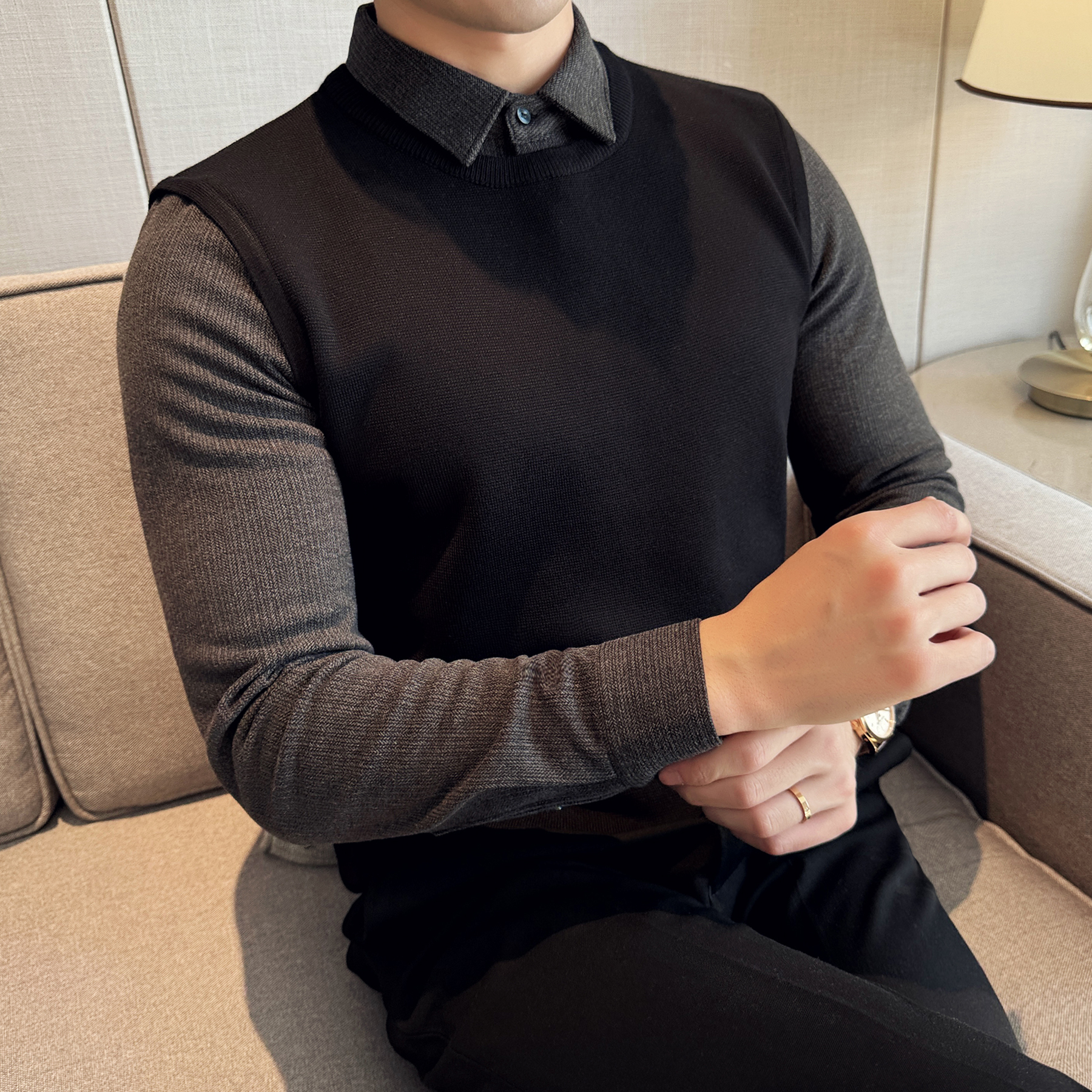 假两件衬衫长袖男装冬款上新2023新款爆款毛呢衬衣毛衣男士打底衫