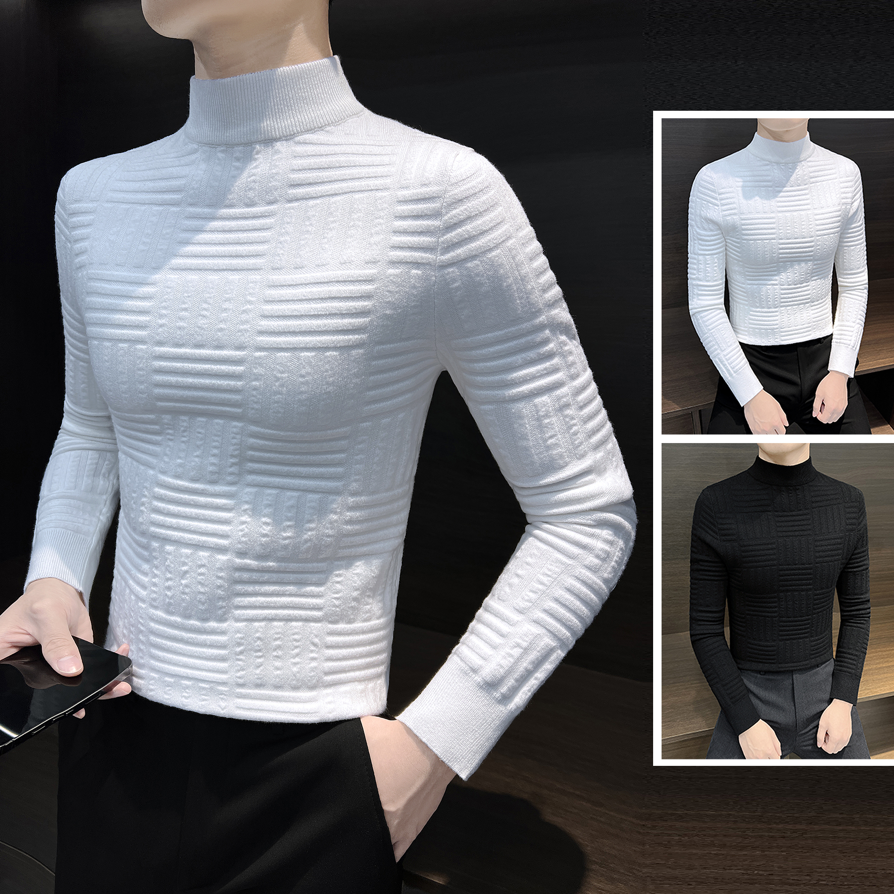 半高领条纹毛衣男款高质量打底衫春季内搭男装中领提花男士针织衫