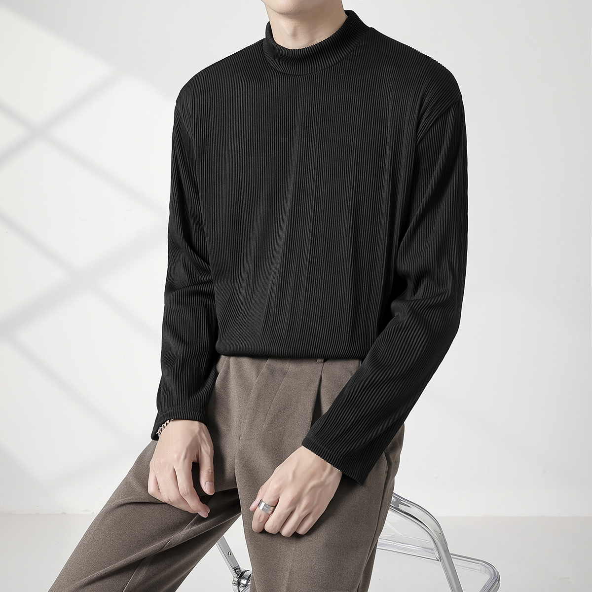 半高领t恤男士长袖夏季薄款2023潮款条纹打底衫25-35岁轻熟风男装