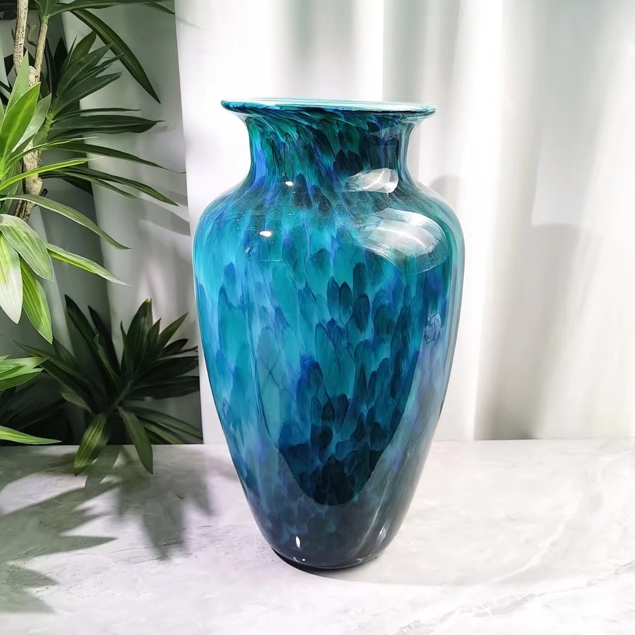 [色彩] B225新中式孔雀蓝开口落地琉璃花瓶桌面简约花卉装饰品