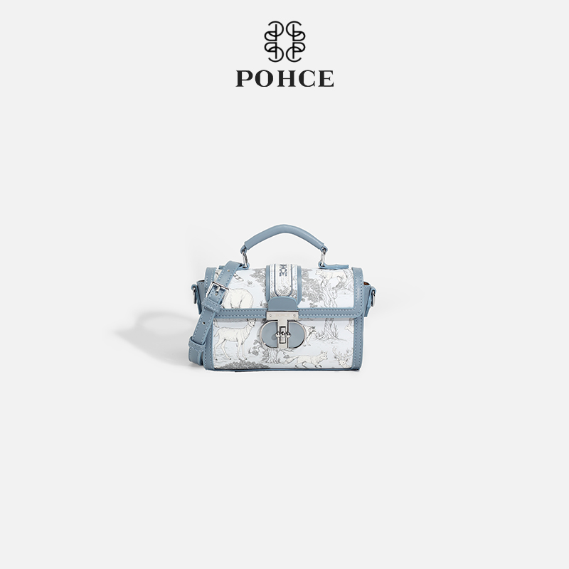 POHCE2023新款包包蓝色刺绣单肩包斜挎包小方包剑桥包521