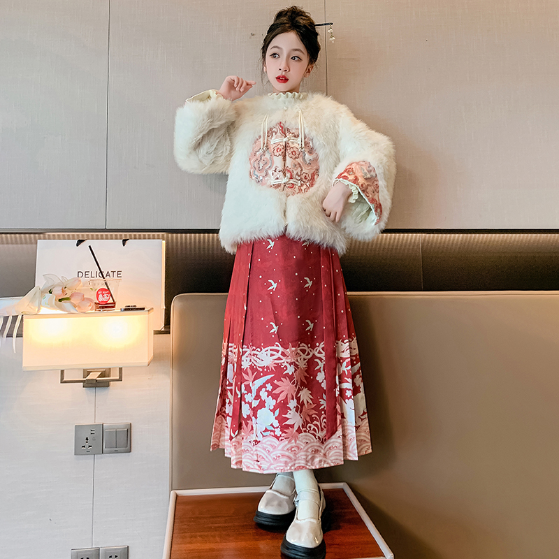 童装女童唐装汉服套装儿童年服仿皮草毛毛衣学生马面裙演出表演服