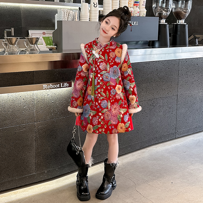 儿童旗袍女童唐装加绒加厚拜年服冬装女童新年裙子红色喜庆中国风