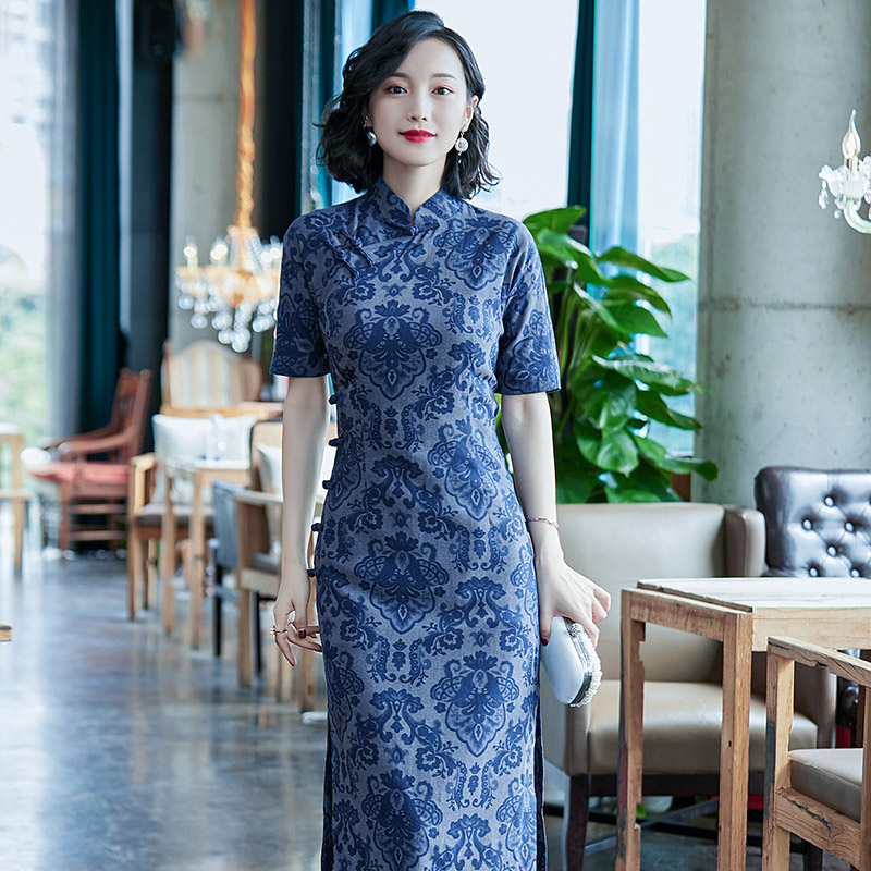 复古旗袍女夏季优雅中国风棉麻连肩袖日常改良妈妈连衣裙90059