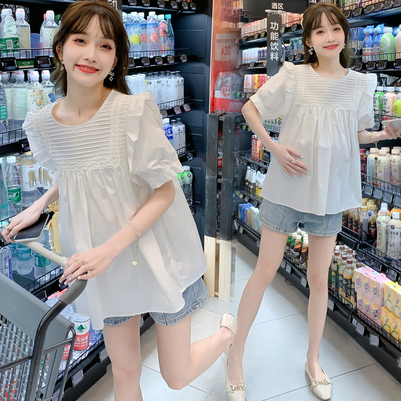 甜美减龄2024夏季装新款孕妇衬衫上衣韩国宽松白色短袖娃娃衫女