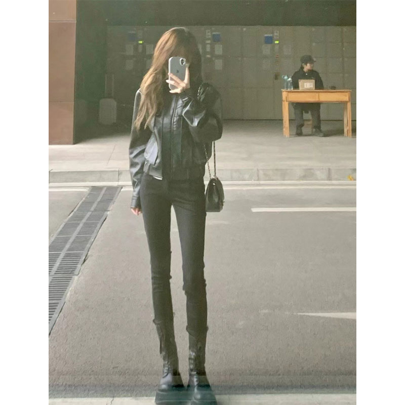 时尚套装女士秋冬季黑色机车夹克皮衣外套修身显瘦高腰裤子两件套