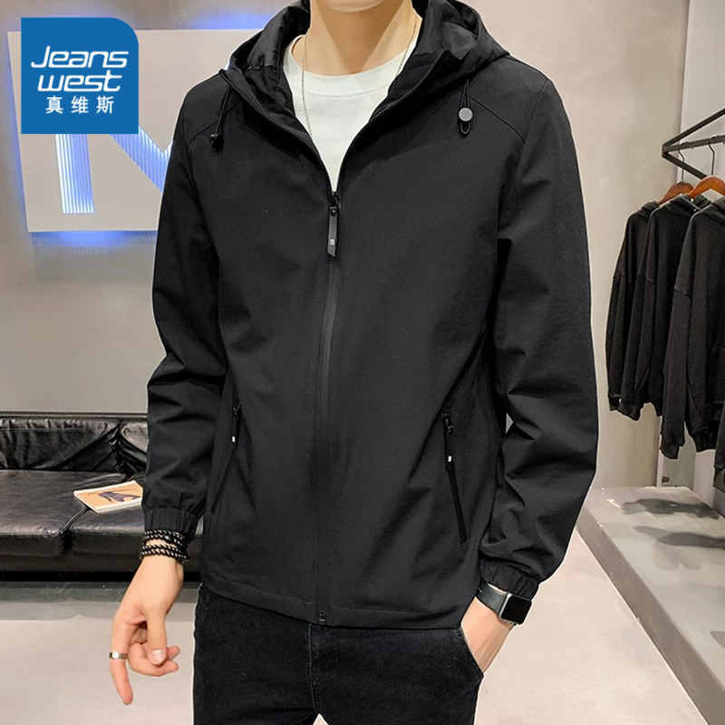 Jeanswest/真维斯连帽防风外套男士春秋季2023休闲冲锋衣夹克上衣