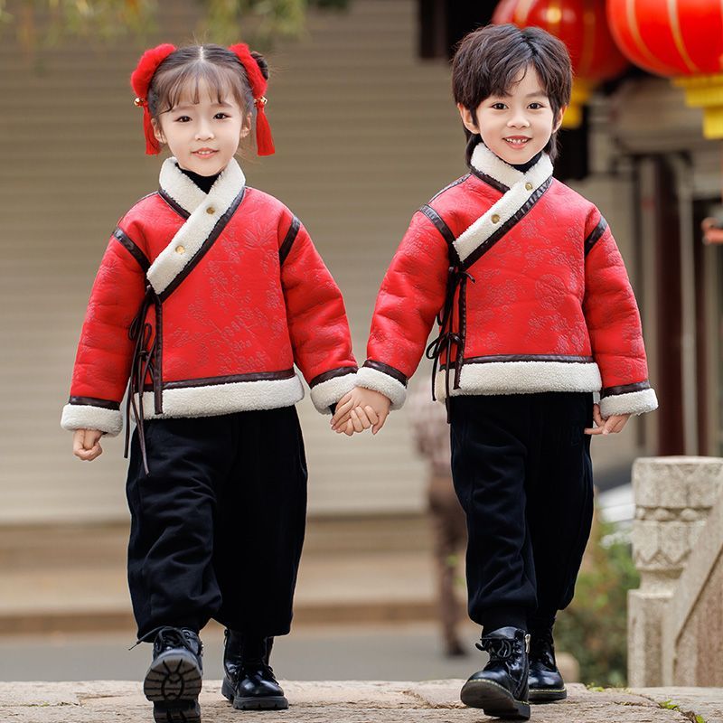 男孩汉服中式中国风女童宝宝唐装复古皮毛一体皮衣加绒红外套国潮
