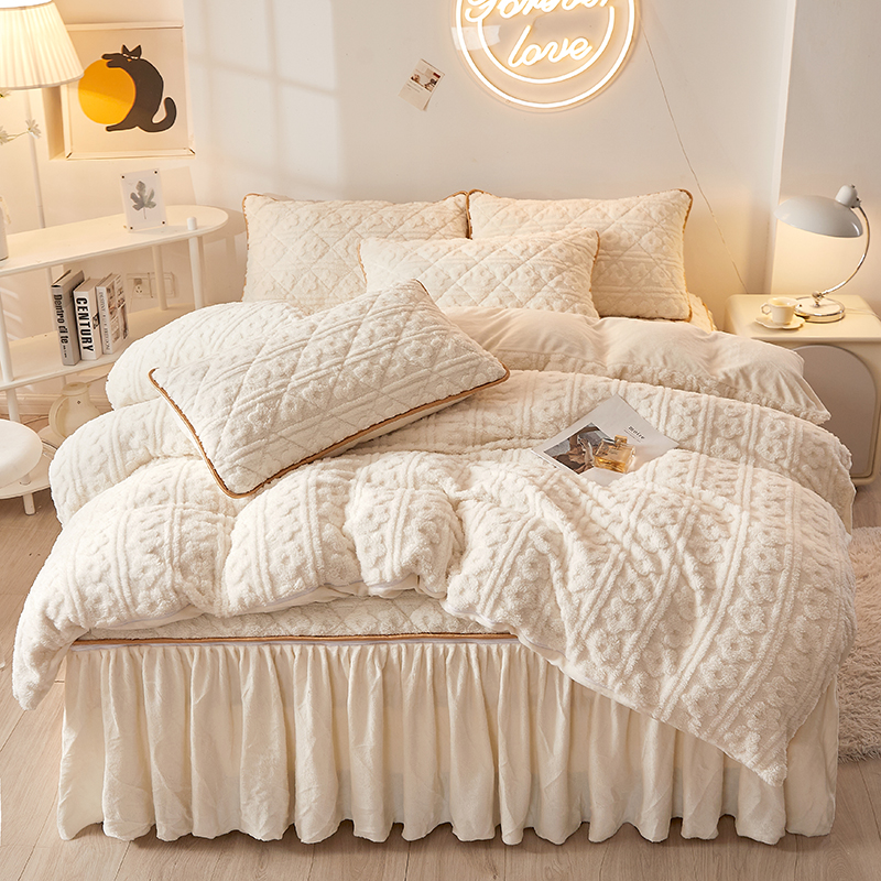 冬季加厚牛奶绒床裙款床笠四件套可拆卸珊瑚绒双面绒夹棉床罩保暖