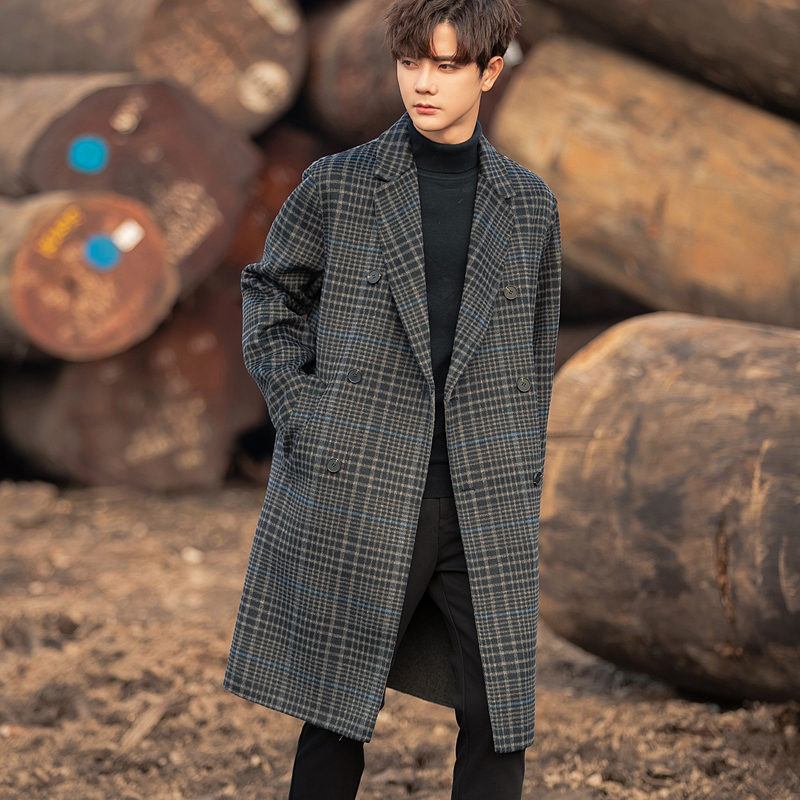 英伦高端格子双面羊毛大衣男士秋冬季2023新款时尚保暖感呢子外套