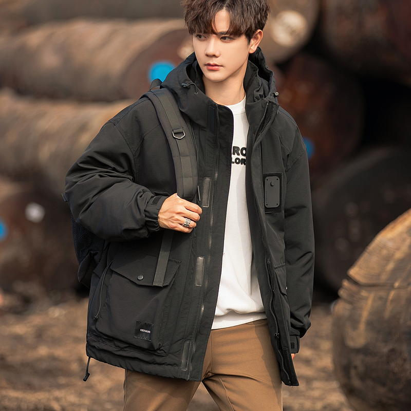 户外连帽羽绒服男2023秋冬季新款潮牌工装百搭黑色短款保暖派克服