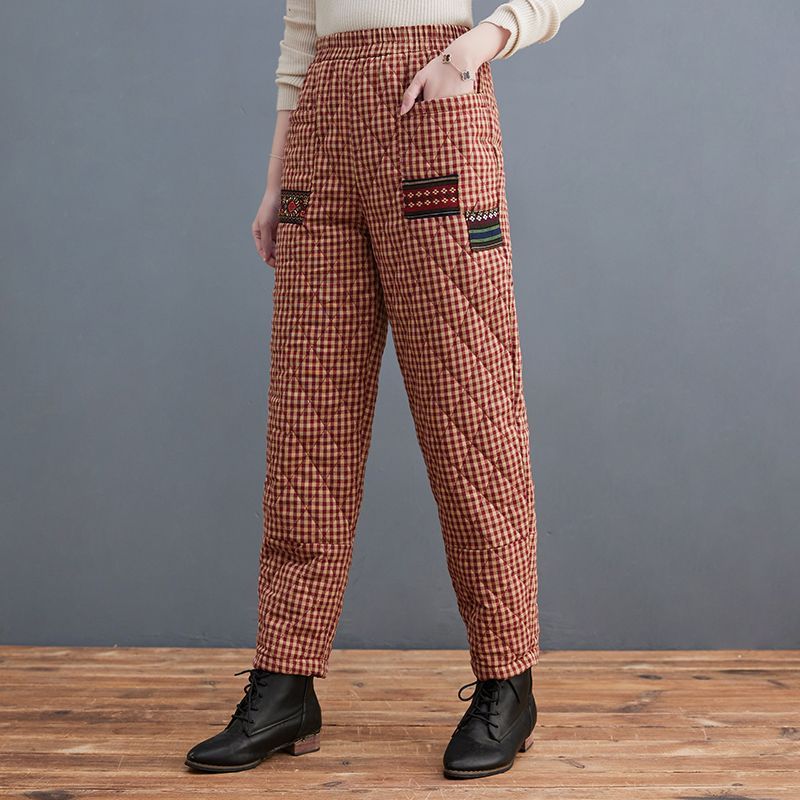 外贸出口尾单女装剪标牛货大牌复古哈伦裤夹棉加厚保暖菱格棉裤女