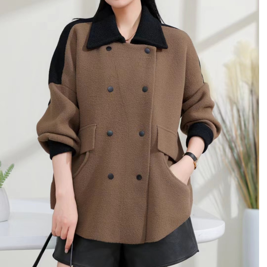 花花/3008-秋季新款撞色拼接款百搭大衣外套