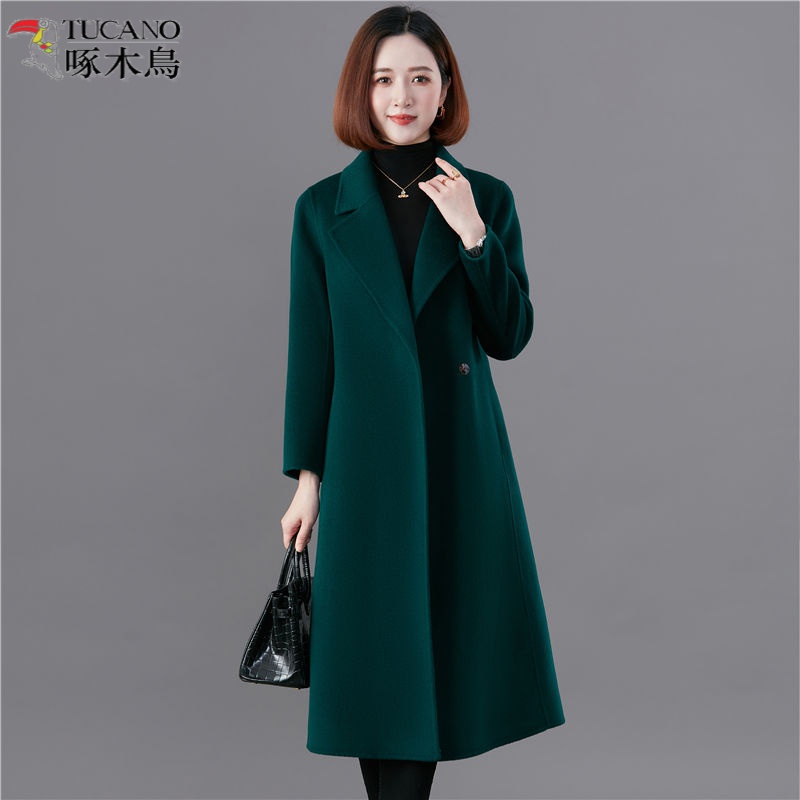 啄木鳥大码洋气羊绒气质高档双面羊毛黄色女长款2023毛呢季感赫本