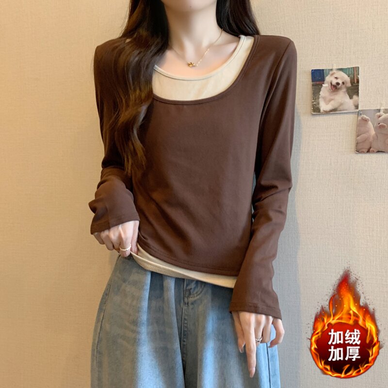 13395大码女装2023秋冬新款时尚假两件加绒加厚百搭长袖上衣