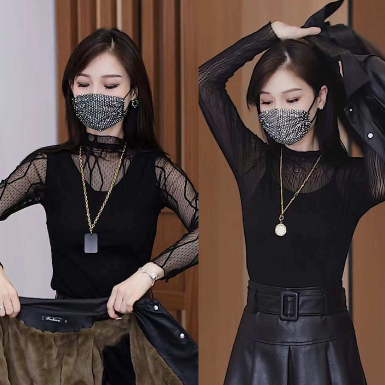 气质半高领蕾丝网纱T恤女2023春季新款洋气时尚内搭打底小衫上衣