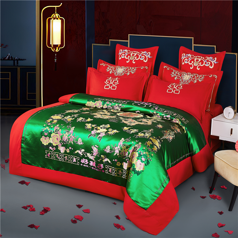 结婚红绿被套四件套婚庆床上用品百子被婚房绸缎被面喜被龙凤婚嫁