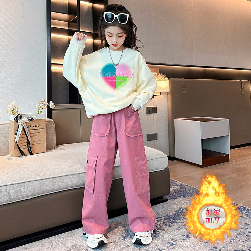 儿童秋季卫衣女童洋气加绒时尚印花春秋女孩宽松中大童韩版时髦