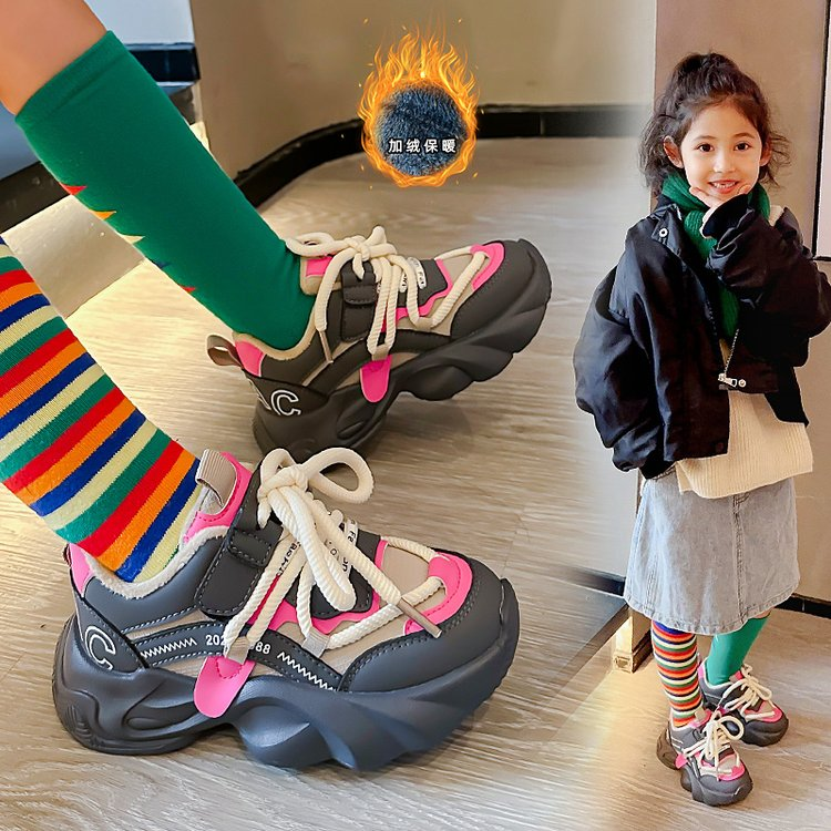 回力瑞女童运动鞋2023秋冬款儿童防滑鞋加绒时尚小男孩洋派老爹鞋