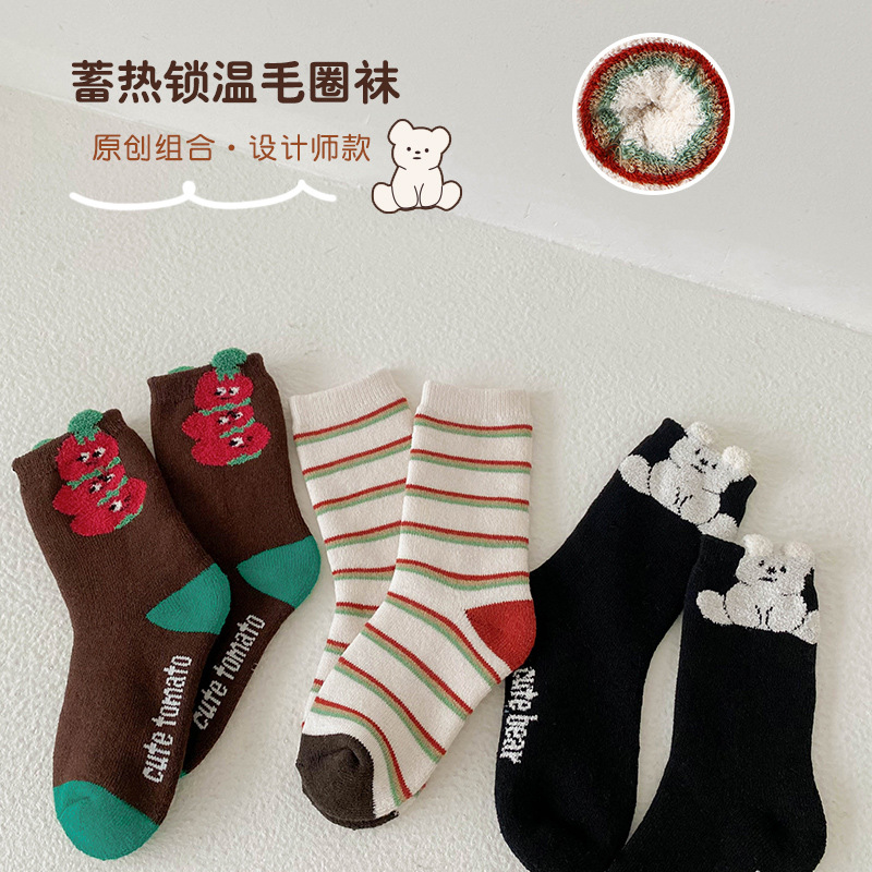 日系打底裤婴儿儿童袜子冬季加厚保暖卡通条纹毛圈袜棉立体小熊女