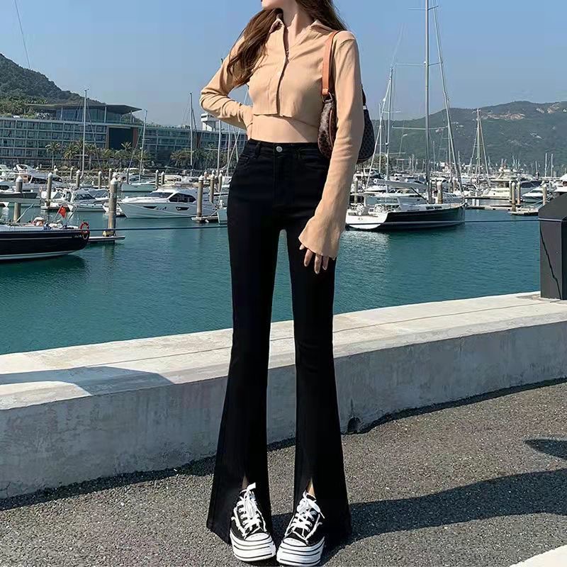 黑色开叉微喇裤女春装新款高腰显瘦夏季薄款微喇小黑裤牛仔裤长裤