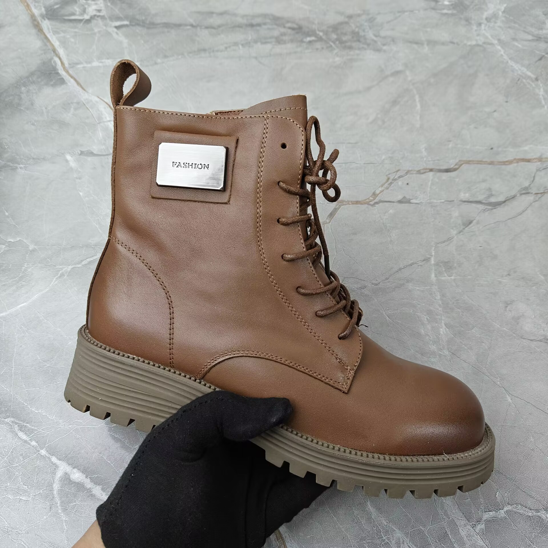 圆头粗跟系带侧拉链短靴女薄绒8336