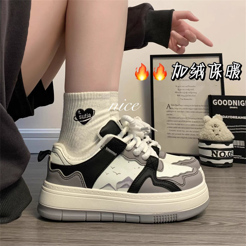 回力瑞黑白水墨画原创板鞋女2023冬季新款百搭休闲加加绒保暖棉鞋