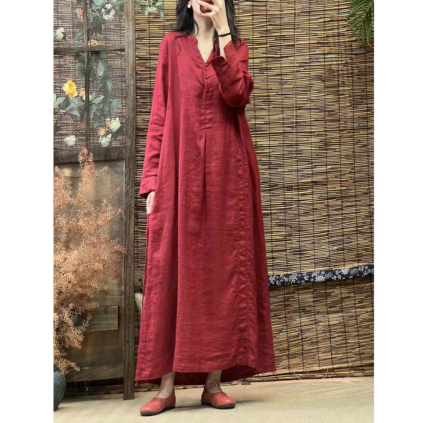 9050~【诗与远方】精典高品文艺复古砂洗亚麻V领多扣长款女连衣裙