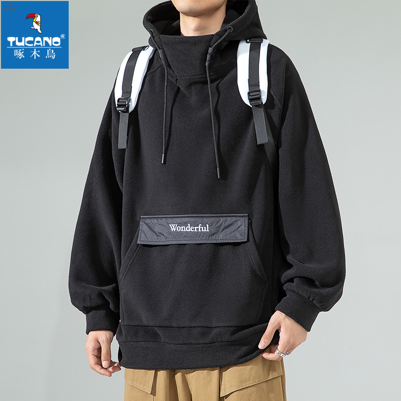 啄木鸟摇粒绒卫衣男士秋冬新款连帽加厚潮牌时尚宽松休闲百搭外套