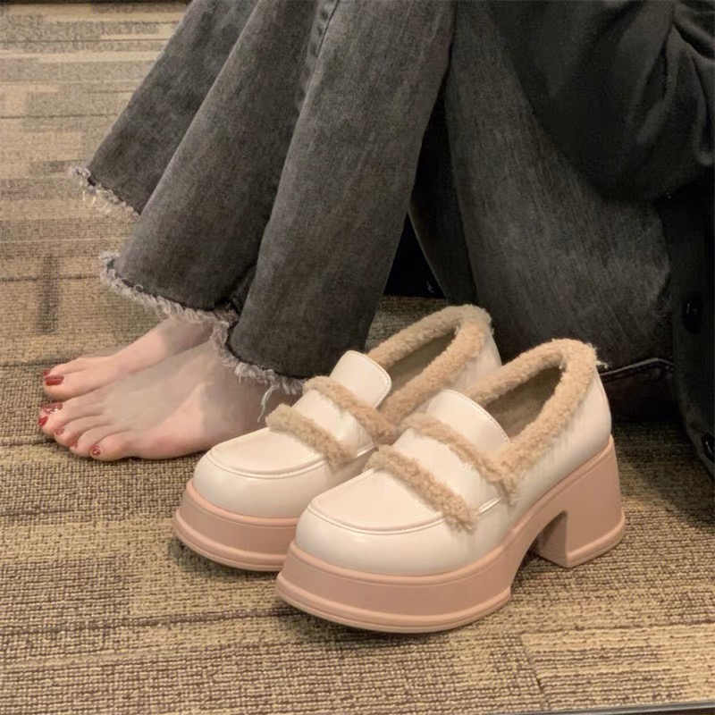 6cm增高厚底加绒玛丽珍小皮鞋女2023秋冬新款保暖复古毛毛乐福鞋
