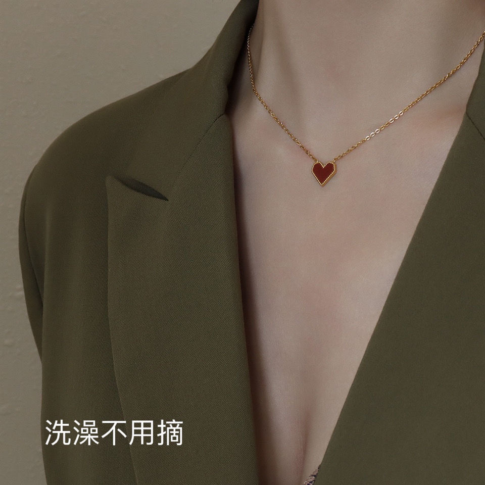 钛钢项链 法式复古红色爱心项链女锁骨链夏高级感小众设计饰品潮